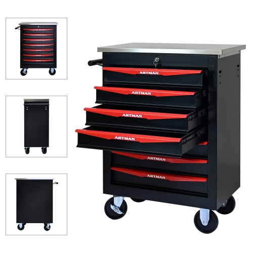 POWANLI 7 Drawer Portable Tool Box With Wheels,Tool Chest With Key Locking Tool Boxes/Organizers Black&Red