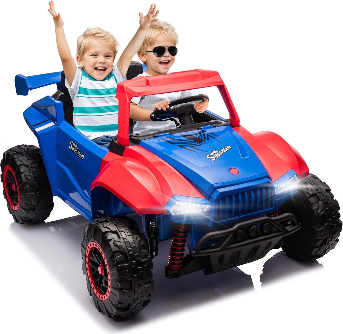 POWANLI 24V Electric Kid Police Car, 2-seater, 2 driving Modes, Kid manual control, W/Parents 2.4G Remote Control with Power display, USB/TF, MP3, Bluetooth, LED Lights, for Boys Girls 3-8, Blue+Red