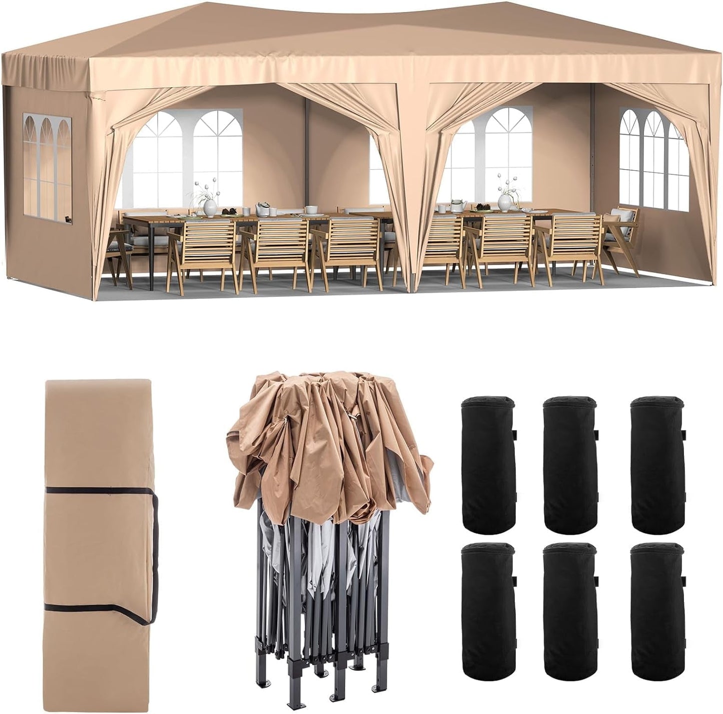 Powanli 10'x20' EZ Pop Up Canopy Outdoor Portable Party Folding Tent with 6 Removable Sidewalls + Carry Bag + 6pcs Weight Bag Beige