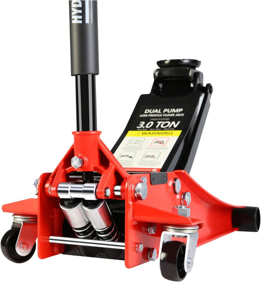 POWANLI 3 Ton (6600 lb) Low Profile Floor Jack,Professional Low Profile Hydraulic Jack, Heavy Duty Steel Racing Floor Jack with Dual Piston Quick Lift Pump,Lift Range 3.3"-19.7" Black Red