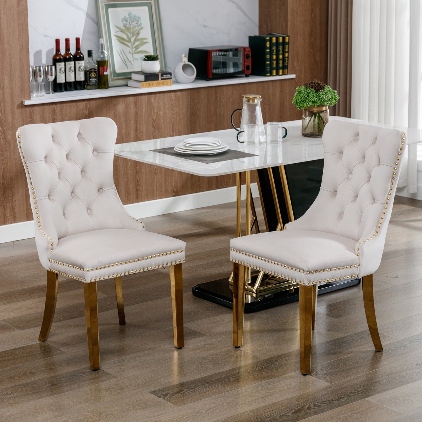 GAKMCIL Velvet Dining Chair, Tufted Button Padded Chairs (Set of 2) with Nailhead Trim and Golden Stainless Steel Plating Solid Wood Legs, 300lb Load for Dining Room and Kitchen (Beige)