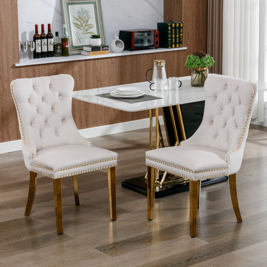 GAKMCIL Velvet Dining Chair, Tufted Button Padded Chairs (Set of 2) with Nailhead Trim and Golden Stainless Steel Plating Solid Wood Legs, 300lb Load for Dining Room and Kitchen (Beige)