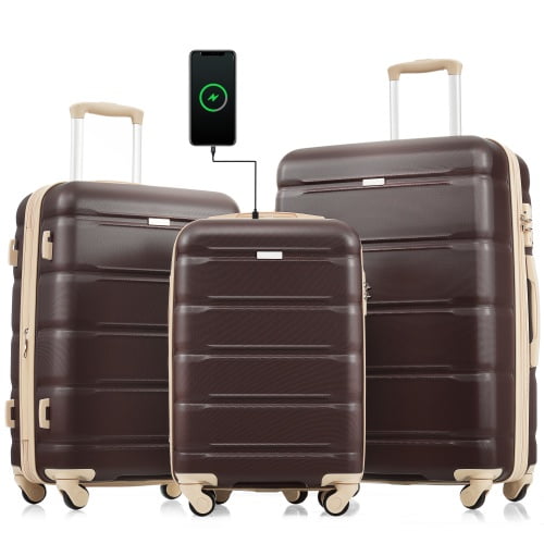 POWANLI 3Pcs Luggage Set, 20" Suitcase with USB Port,Carry-on Luggage with Cup Holder, ABS+PC Hard Shell Luggage with Spinner Wheels Brown