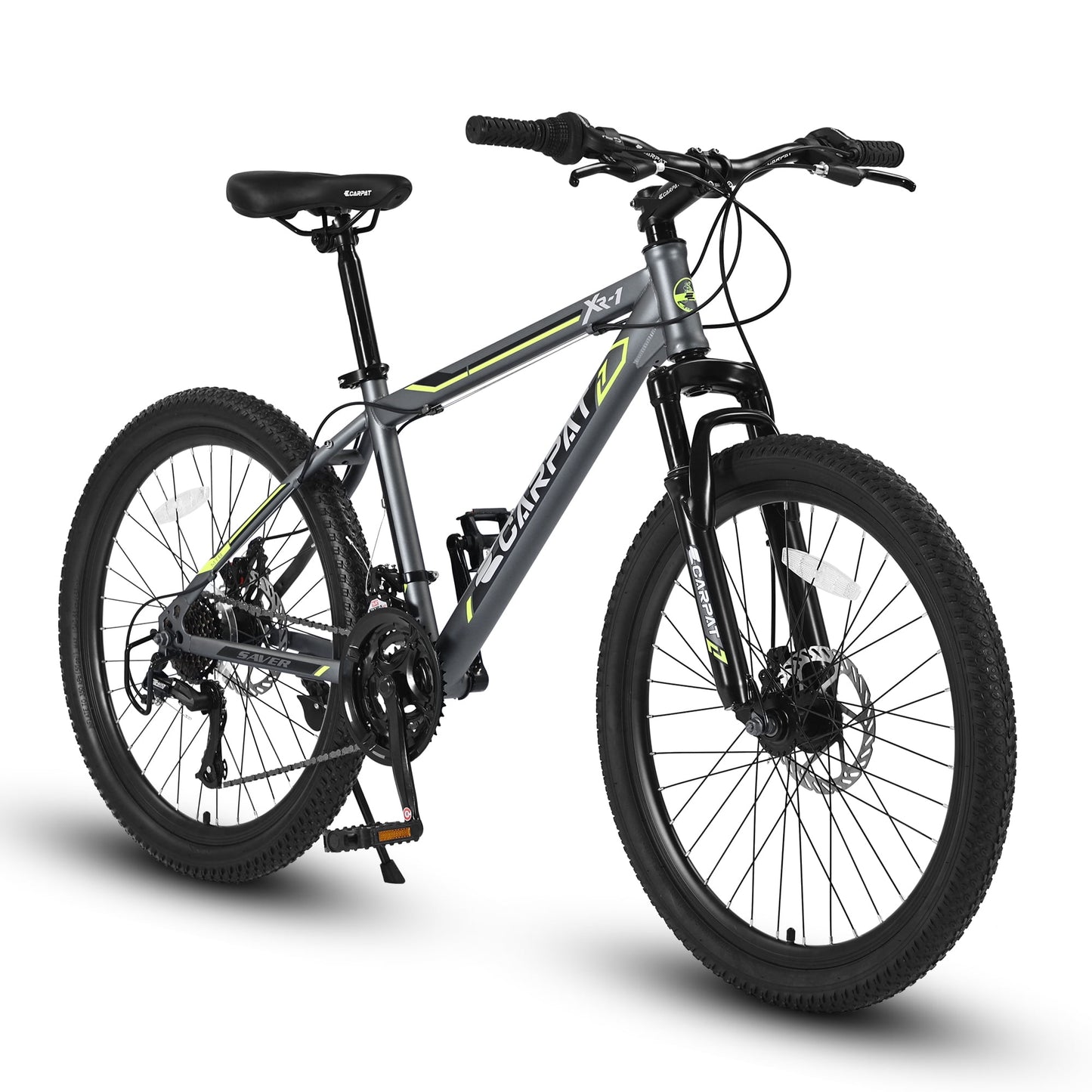 POWANLI 24" Steel Frame Mountain Bike for Boys Girls, with 21 Speeds Dual Disc Brakes and Front Suspension MTB, Black&Grey (Gift)