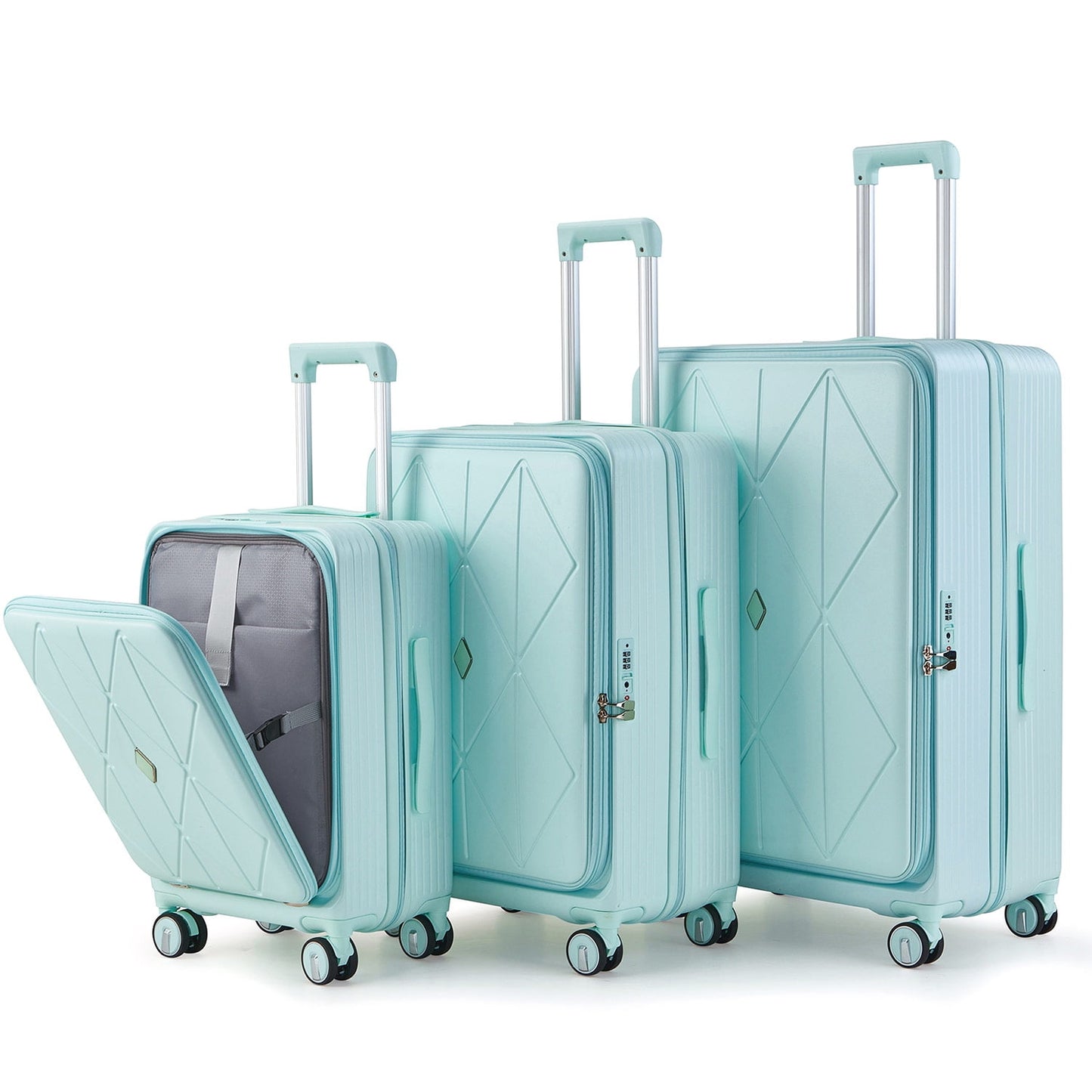 POWANLI 3 Piece Luggage Sets (20''24''28''), PC Hard Shell Expandable Lightweight Carry On Luggage, with Front Pocket and Spinner Wheels, TSA Lock, Airline Approved(Mint Green)