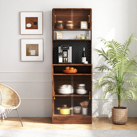 GAKMCIL Vintage Pantry Cabinet, Freestanding Cupboard, Kitchen Sideboard with 2 Sliding Striped Glass Doors, Open Shelves and Pegboard for Living and Dining Room (25.20"* 15.75"* 70.87")(Walnut)