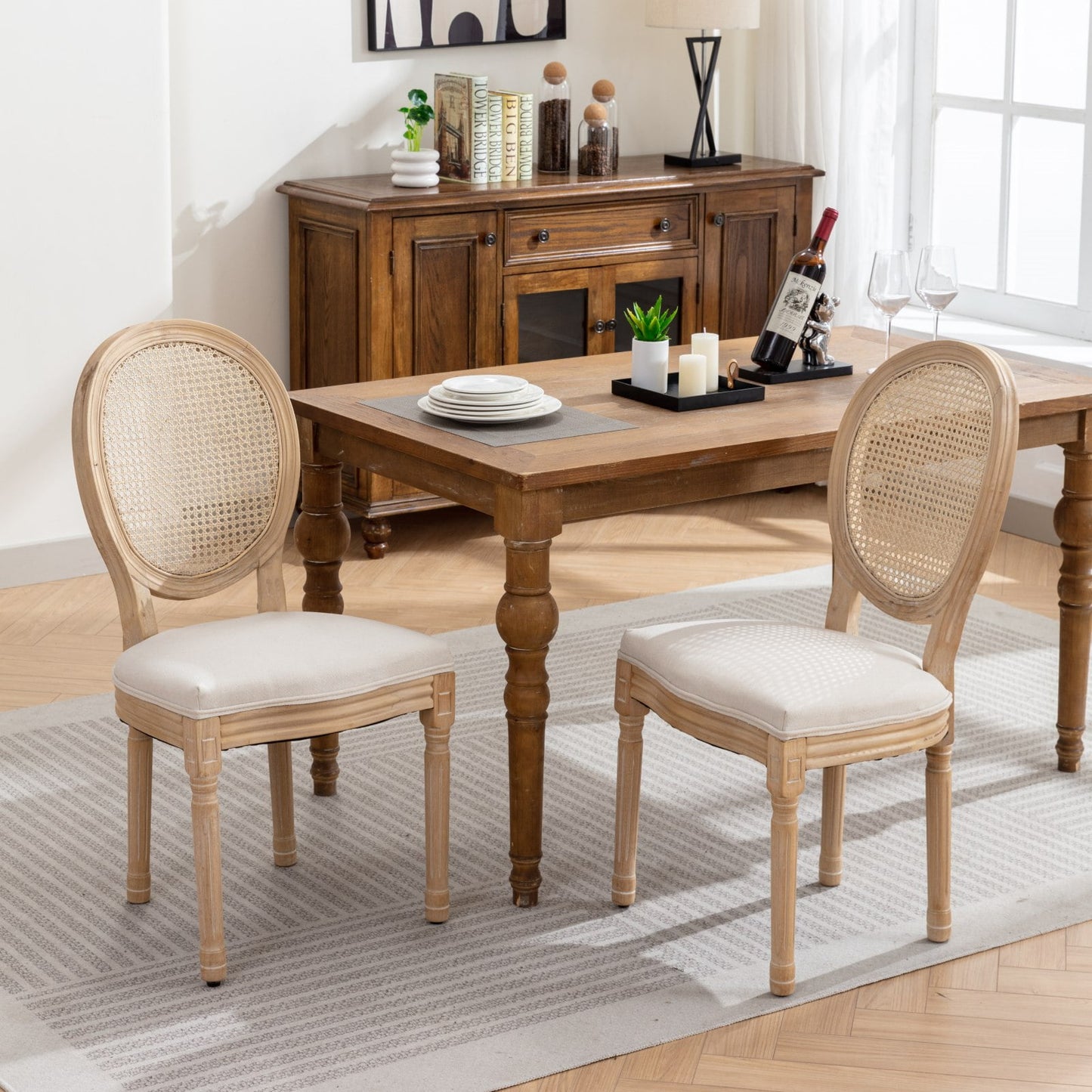 GAKMCIL Linen Fabric Upholstered Dining Chair, French Style Solid Wood Frame Antique Painting Rattan Back Dining Room Chair, Steel Spring Lining, Weight Capacity:300lb, Beige (Set of 2)