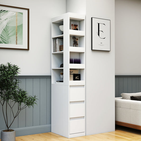 GAKMCIL 70.87" H Display Storage Cabinet,4-Tier Shelf,3 Side Drawers & 4 small display shelves,Tall Bookshelf Bookcase for Living Room Home Office,Study,Home Decoration(19.69"*11.81"*70.87")(White)