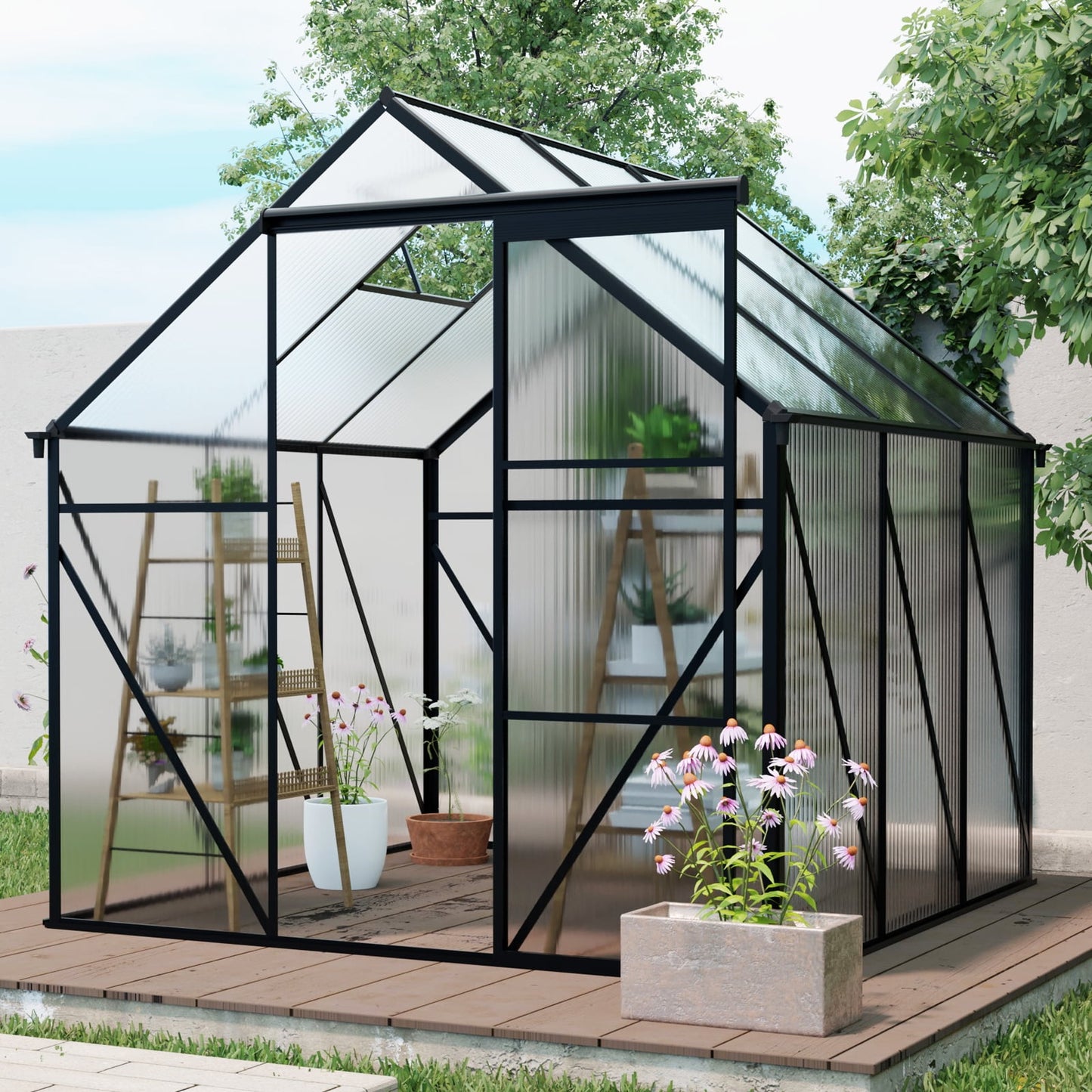 Aurlrtil 6'X6' Polycarbonate Greenhouse, Aluminum Heavy Duty Walk-in Greenhouses for Backyard, Black