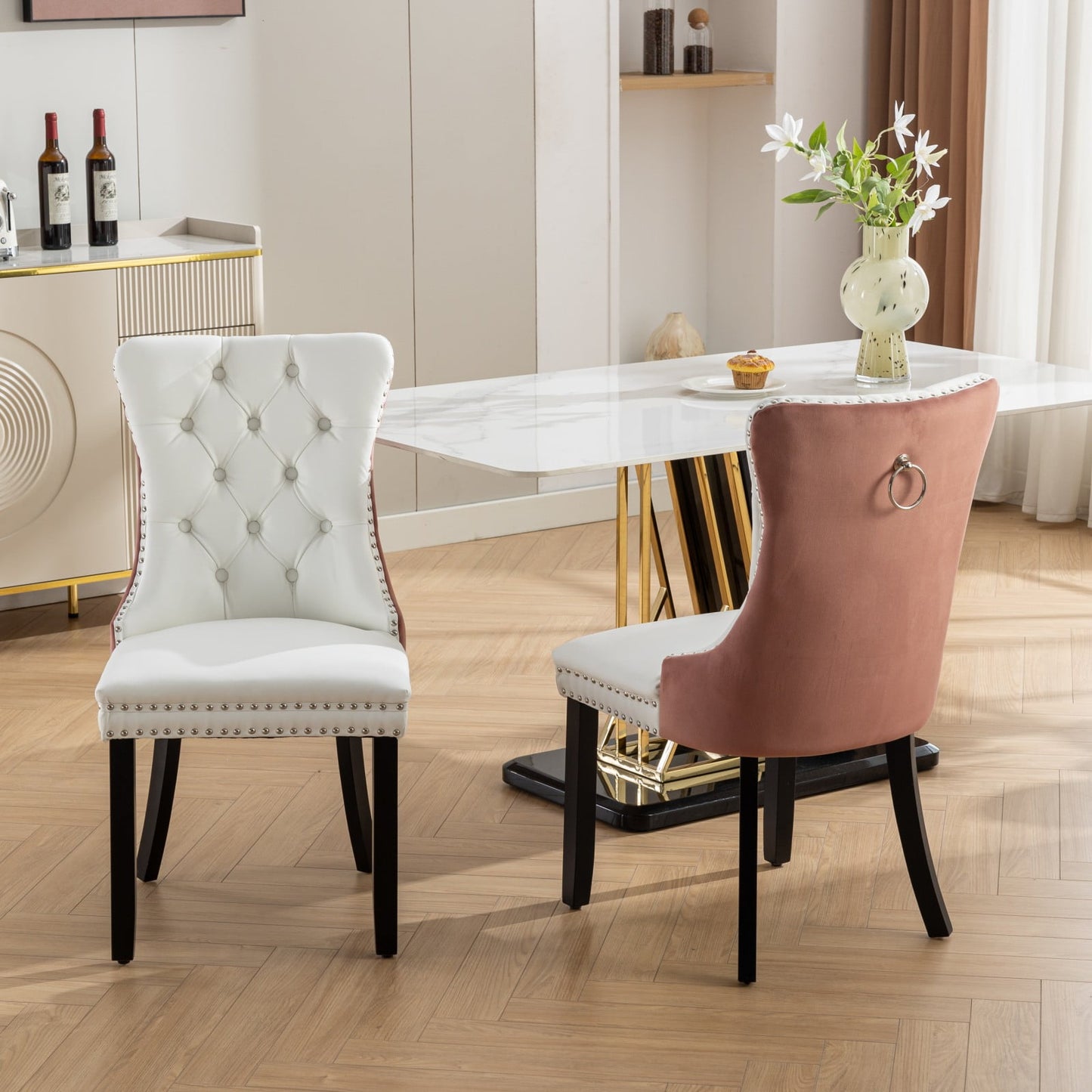 GAKMCIL PU Leather Dining Chairs(Set of 2),Modern Velvet Wood Dining Chair with Nailhead Back and Ring Pull Trim,Solid Wood Legs,350lb Load for Dining Room and Kitchen and Living Room(White&Pink)