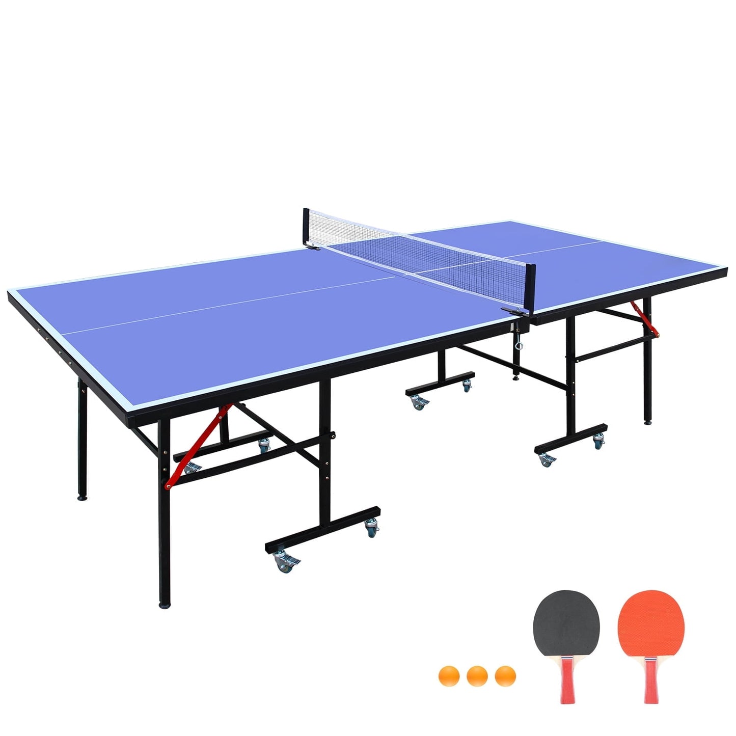 CAMSCH 8FT Mid-Size Table Tennis Table Foldable & Portable Ping Pong Table Set for Indoor Games with Net, 2 Table Tennis Paddles and 3 Balls, Easy to Store, 96''(L) x 54''(W) x 30''(H)