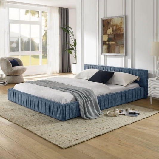 GAKMCIL Queen Size Upholstered Bed Frame with Chenille fabric/Pleated Design,Grounded Queen Size Platform Bed with Headboard and Solid Frame. No Box Spring Needed-Dark Blue(88"*67"*23.5")
