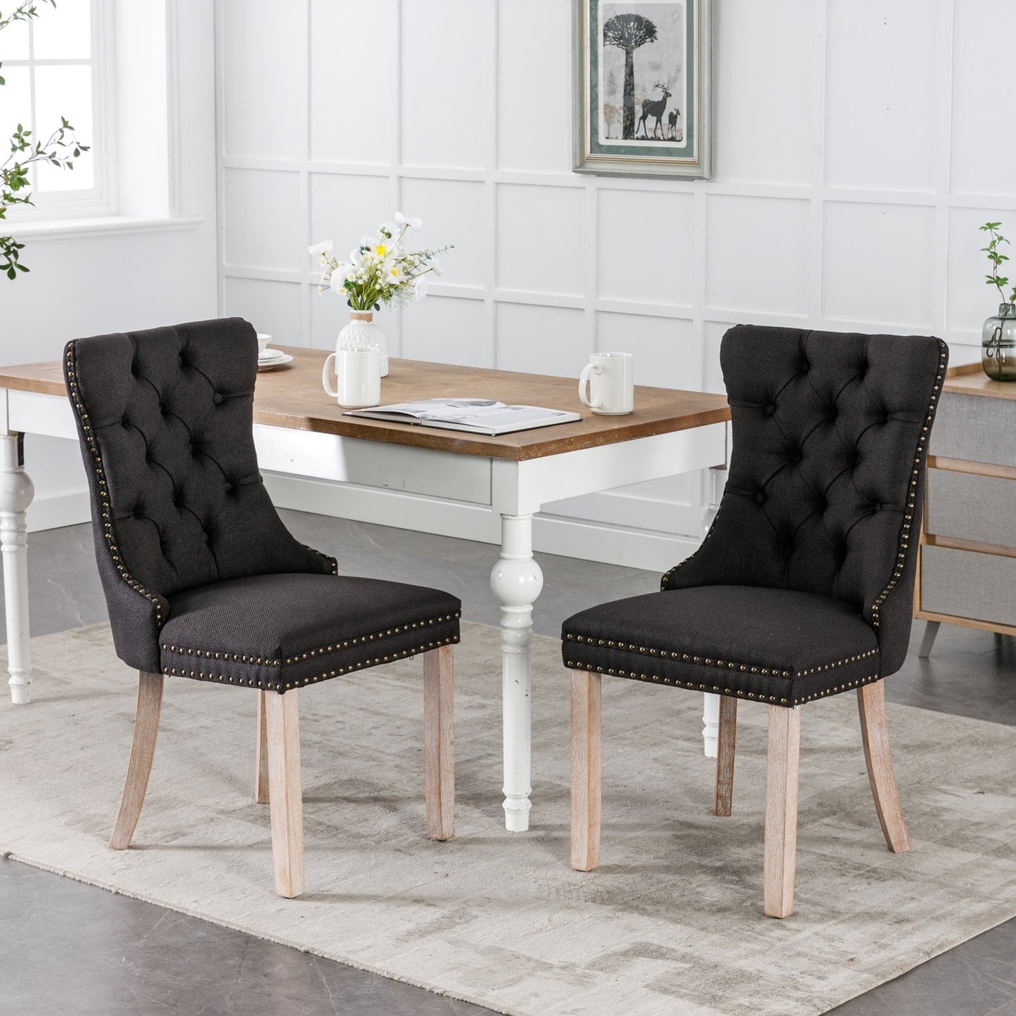GAKMCIL Linen Dining Chair (Set of 2), Comfy Tufted Fabric Upholstered Dining Chair with Nailhead Trim, Solid Wood Legs, Weight Capacity 300lb for Dining Room and Kitchen (Black)