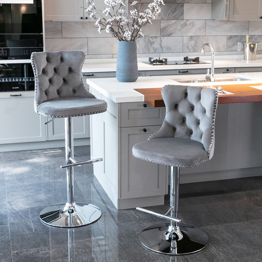 GAKMCIL Swivel Velvet Upholstered Barstools with 25-33in Adjustatble Seat Height, 360°Swivel, Footrest, Chrome base, Comfy Tufted Backs, 300lbs Load for Home Pub, Kitchen Island (Set of 2, Gray)