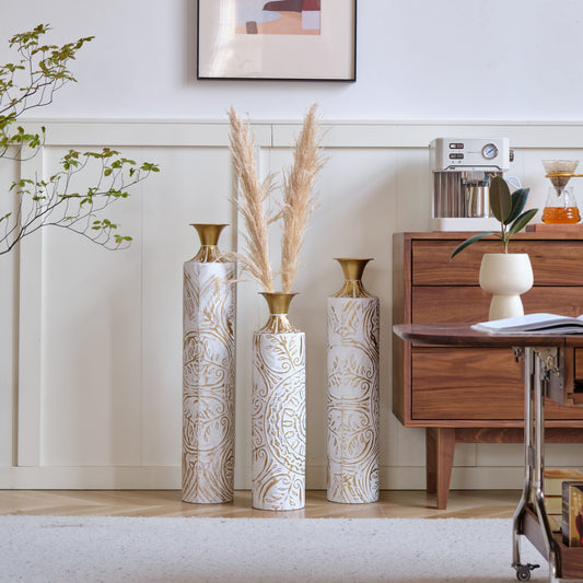 GAKMCIL Tall Floor Metal Vases Decorated White&Gold Metal Vases (Set of 3) Gorgeous Home Decoration Large Glazed Metal Vases for Wedding Decor (24.61in/28.54in/33.48in height) (White+Gold)