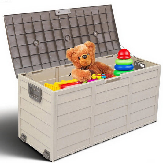POVANLI 75gal 280L Outdoor Garden Plastic Storage Deck Box, Garden Storage Box, Waterproof, Throw Pillows, Toys, Lockable, Garden Tools and Pool-Supplies (Brown)