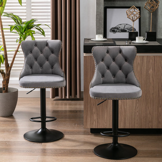 GAKMCIL Swivel Velvet Upholstered Barstools with 25-33in Adjustatble Seat Height, 360°Swivel, Footrest, Black Chrome base, Comfy Tufted, 300lb Load for Home Pub, Kitchen Island (Set of 2, Gray)