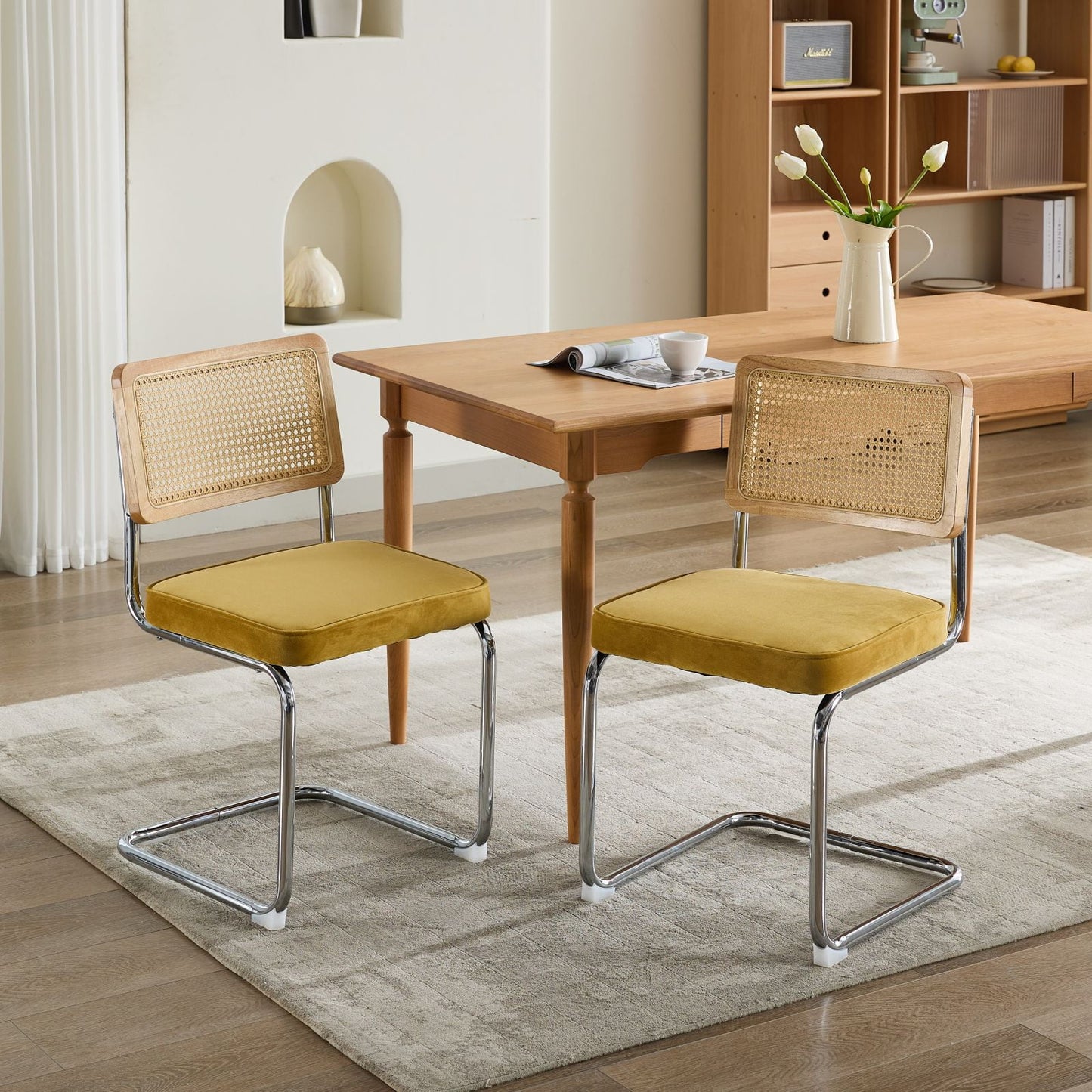 GAKMCIL Mid-Century Modern Velvet Upholstered Dining Chairs (Set of 2) with Natural Cane Back, Stainless Chrome Base, 360lb Load for Dining Room, Kitchen, Bedroom, Office (Gold)