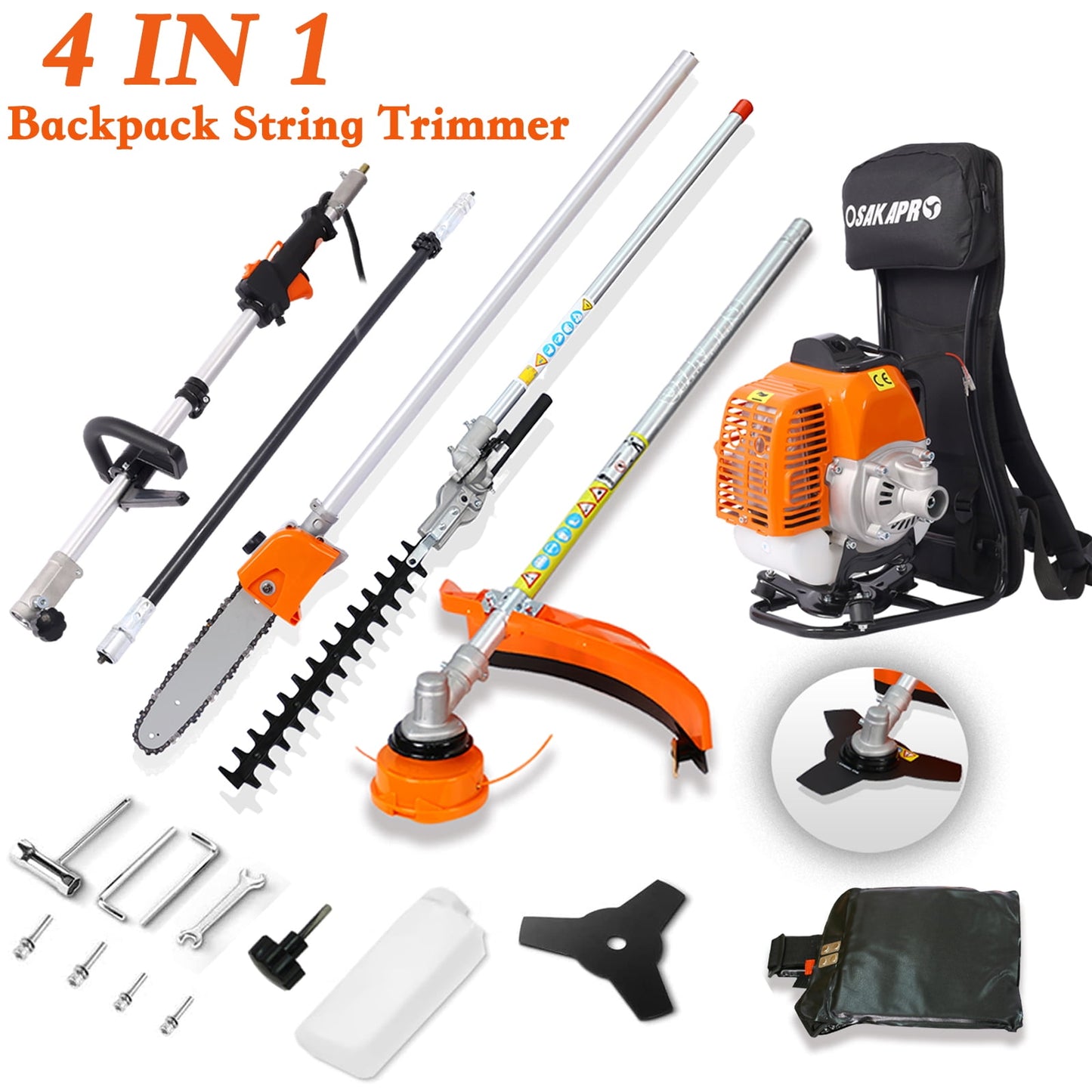 POWANLI 4 in 1 Backpack Multi-Functional Trimming Tool,52CC 2-Cycle Garden Tool System with Gas Hedge Trimmer,Gas Pole Saw,Grass Trimmer,Brush Cutter and Pole Saw Chainsaw with Extension Pole