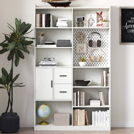 GAKMCIL Modern 9-Tier Bookcase and Bookshelf with Pegboard & 3 Storage Drawers, Wide Wood Shelving Unit for Study&Living Room Organization (47.17"*11.81*78.74") (White)