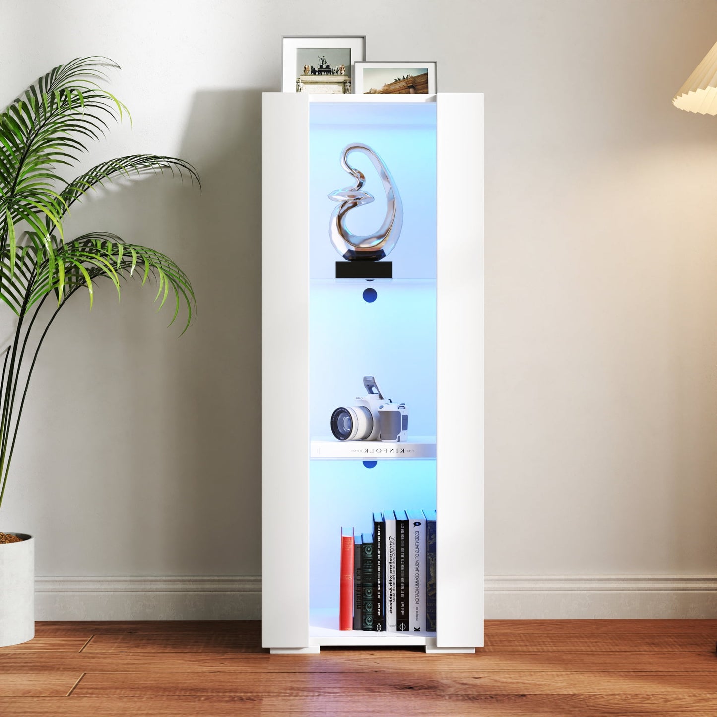 GAKMCIL Side Cabinet with Aluminum Strip Lamp, 3 Shelf Glass Display Cabinets & bookcase with Dimmable LED, Offering both wall-mounted and floor-mounted options (White) (15.75"L * 11.42"W * 39.37"H)