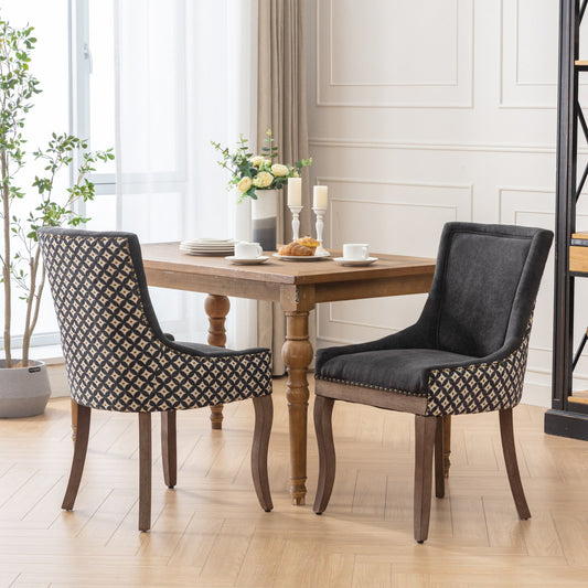 GAKMCIL Upholstered Dining Chairs, Ultra Side Dining Room Chairs with Bronze Nail Head, Tufted Cushion Back Elegant Accent Chairs with Solid Wood Legs, Black and Patterned (Set of 2)