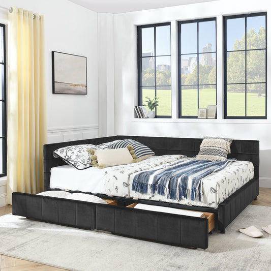 GAKMCIL Queen Size Upholstered Tufted Bed Frame,Sofa Velvet Bed Frame with Comfortable Backrest and Armrests,Daybed for Bedroom, Living Room Black(85.5''*64.5''*29.5'')