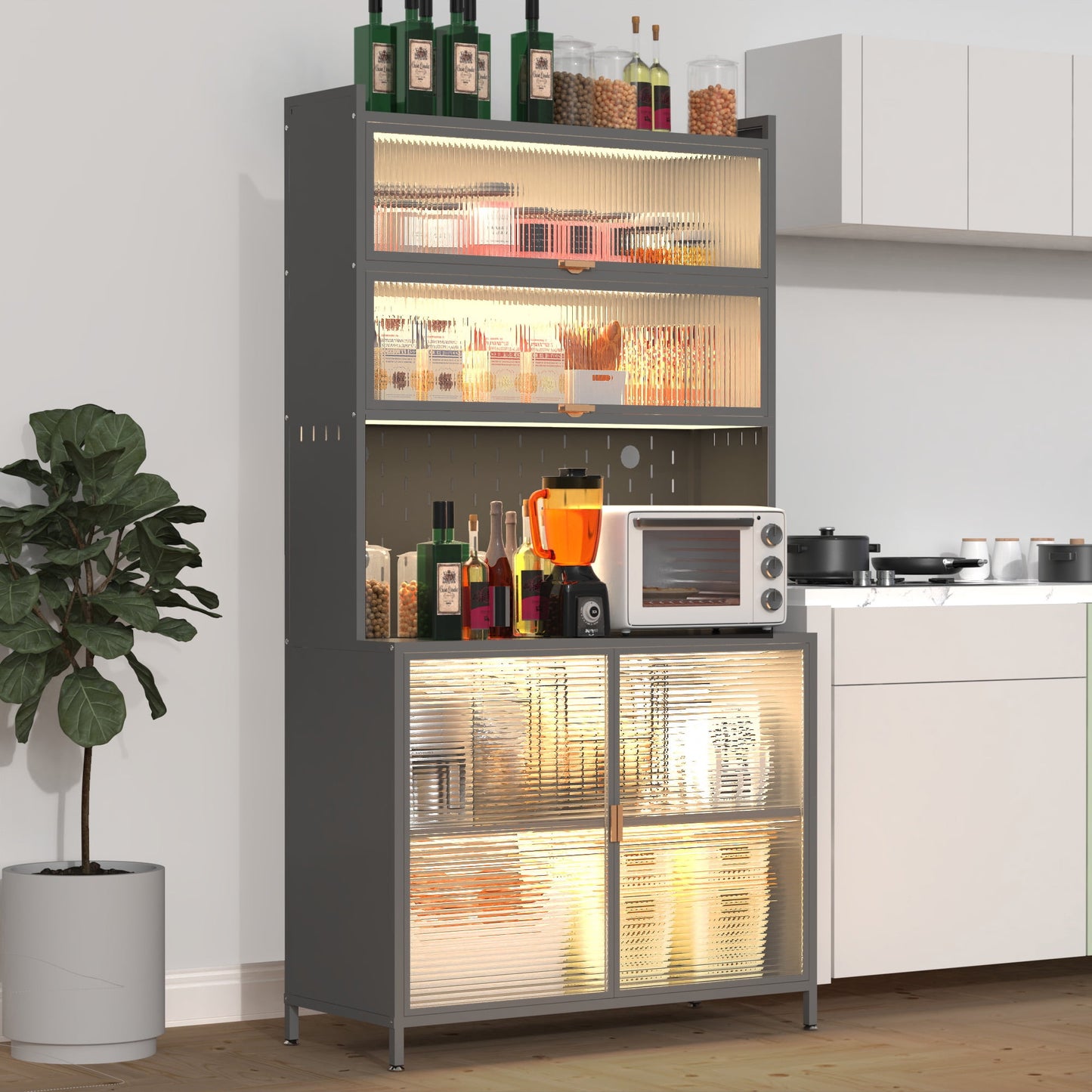 GAKMCIL Metal Kitchen Pantry Cabinet (31.50*16.53*73.00"), Food Storage Organizer Hutch with 6-Tier Flip Doors, Pegboard, Adjustable Shelf, 300lbs Load for Kitchen, Dining Room, Living Room (Grey)