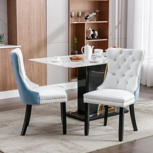 GAKMCIL PU Leather Dining Chairs(Set of 2),Modern Velvet Dining Chair with Nailhead Back and Ring Pull Trim,Solid Wood Legs,350lb Load for Dining Room and Kitchen and Living Room(White&Light Blue)
