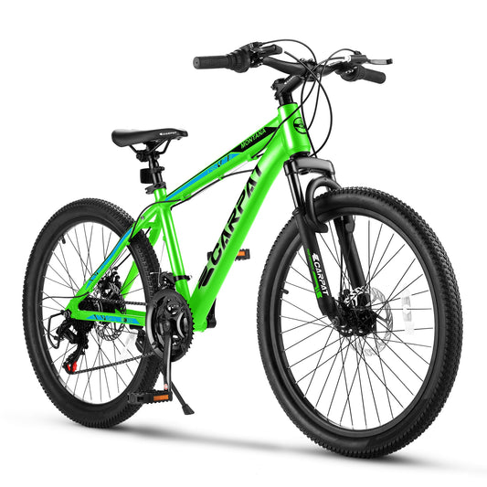 POWANLI 24 inch Mountain Bike Bicycle, Dual Full Suspension, Aluminium Frame for Mens Womens, Go to School/Work with 21-Speed Disc Trail Commuter City Beach, Youth Ages 12+, Gift(Green)