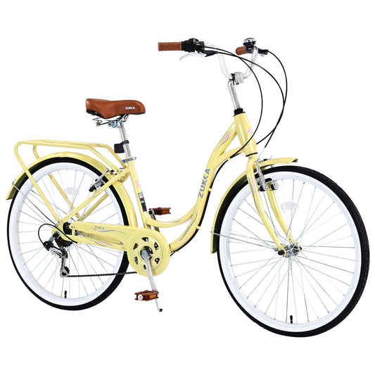 POWANLI 24" Girl Bike with 7 Speed Adjustment,Steel Frame Ladies Bicycle for 10+Years Old Yellow