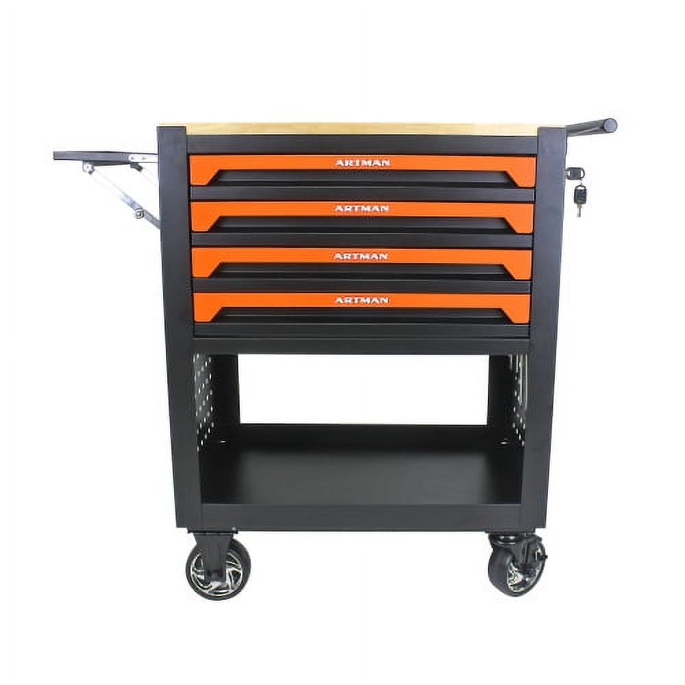 POWANLI 4 Drawers Multifunctional Tool Cart with wheels and Wooden Top, Metal,Suitable for Garages,Warehouses,Workshops,Repair Shops(Black+Orange)