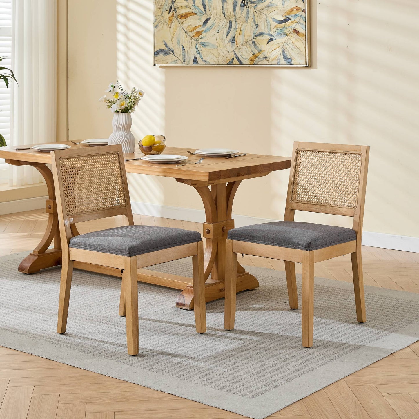 GAKMCIL Farmhouse Rattan Linen fabric Dining Chairs, Modern Kitchen & Dining Room Chairs, Cane Upholstered Kitchen Side Chair with Natural Hardwood Frame, Weight Capacity:300lb, Gray (Set of 2)
