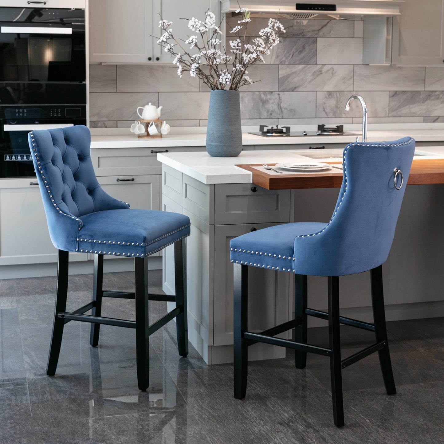 GAKMCIL Velvet Barstools, Leisure Upholstered Height Bar Stools (Set of 2) with Button Tufted Decoration, Wooden Legs, Chrome Nailhead Trim, 300lbs Load for Home Pub and Kitchen Island (Blue)