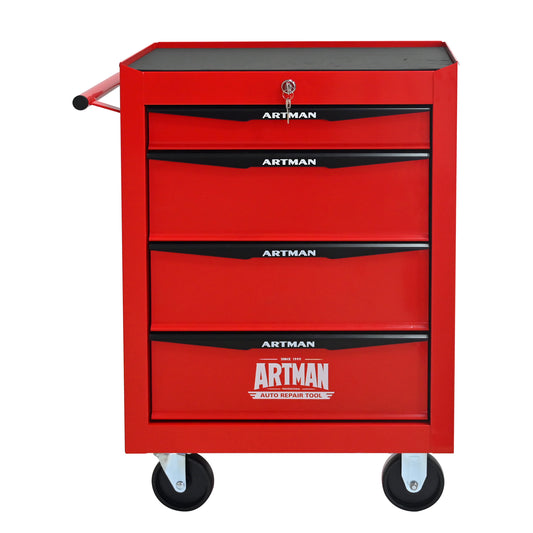 POVANLI 4 Drawers Portable Tool Cart with Key Locking, Ball Bearing Drawer Slides and 4 Steering Wheels (2 with Parking Brakes), Steel Tool Box, 200lbs Load for Garage, Workshop and Repair Shops (Red)