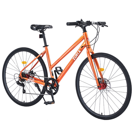 POWANLI 700C Road Bike 7 Speed Hybrid bike Disc Brake For Boys/Girls/Men/Women City City Commuting Bicycle,Fits Riders 5'4" - 6'2",Comfort Saddle,Adults 14+ Years,Gift(Orange)