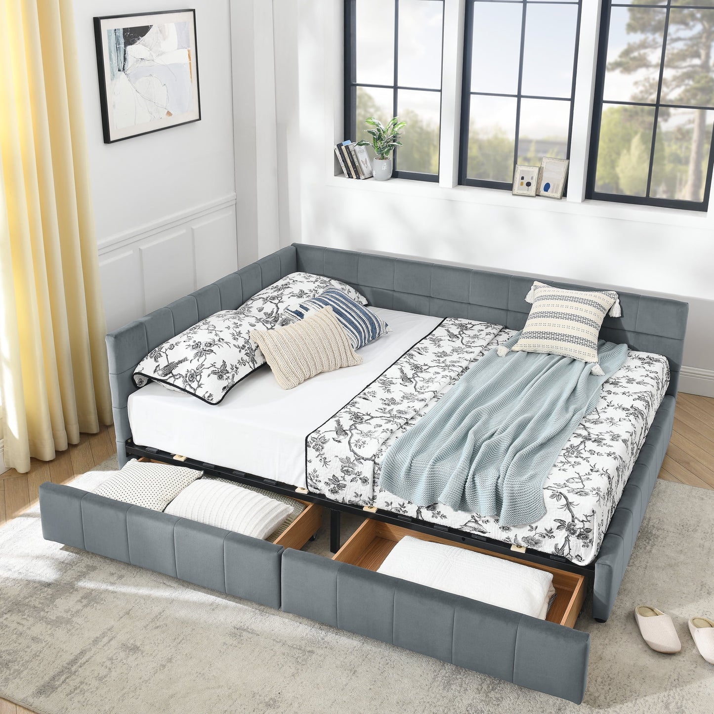 GAKMCIL Queen Size Upholstered Tufted Bed Frame,Sofa Velvet Bed Frame with Comfortable Backrest and Armrests,Daybed for Bedroom, Living Room Grey(85.5''*64.5''*29.5'')