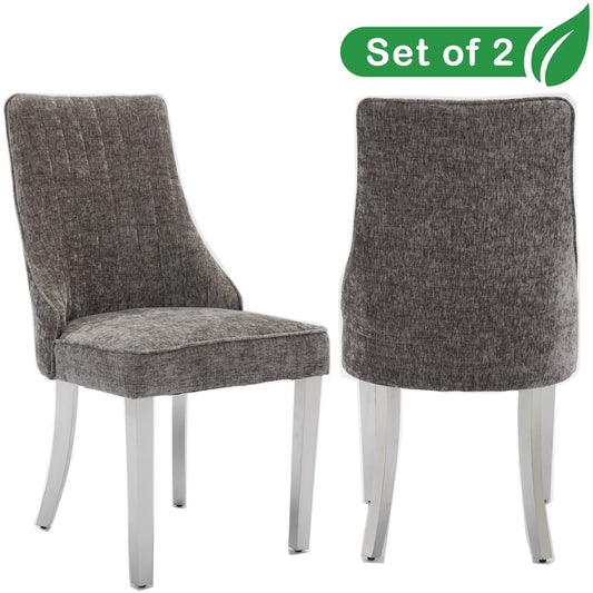 GAKMCIL Chenille Dining Chairs (Set of 2), Tufted Kitchen Dinner Chair Comfy Fabric Upholstered Accent Chair for Dining Room with Silver Brushed Stainless Steel Legs, Weight Capacity:300lb (Gray)