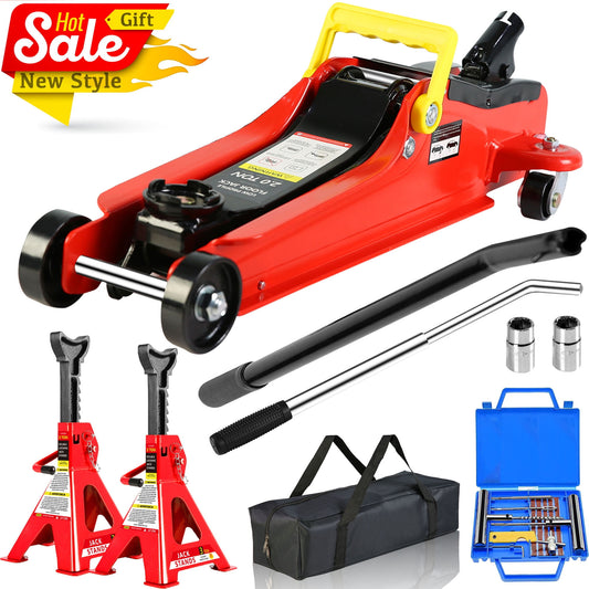 POWANLI 2 Ton Low Profile Floor Jack with 3T jack stand Tire Repair Kit L-Wrench Heavy Duty Steel Racing Floor Jack with Single Piston Quick Lift Pump, Floor Jack Lifting Range 3.3"-15.2" Red