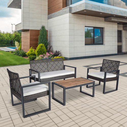 4 Piece Patio Furniture Set,Outdoor Balcony Porch Garden Backyard Lawn Furniture Acacia Wood Table Top, Morden Brown and Beige