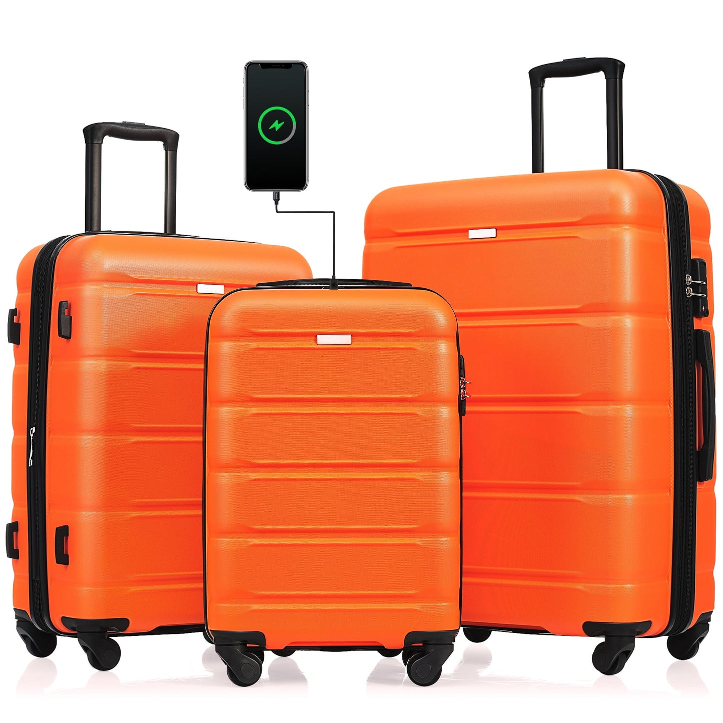 POWANLI 3Pcs Luggage Set, 20" Suitcase with USB Port,Carry-on Luggage with Cup Holder, ABS+PC Hard Shell Luggage with Spinner Wheels Orange