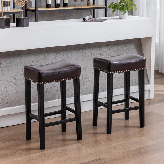 GAKMCIL 29" Backless PU Leather Counter Stools (Set of 2) with Nailhead Trim, Wooden Legs, 350lb Load for Kitchen, Dining Room, Pub (Brown)