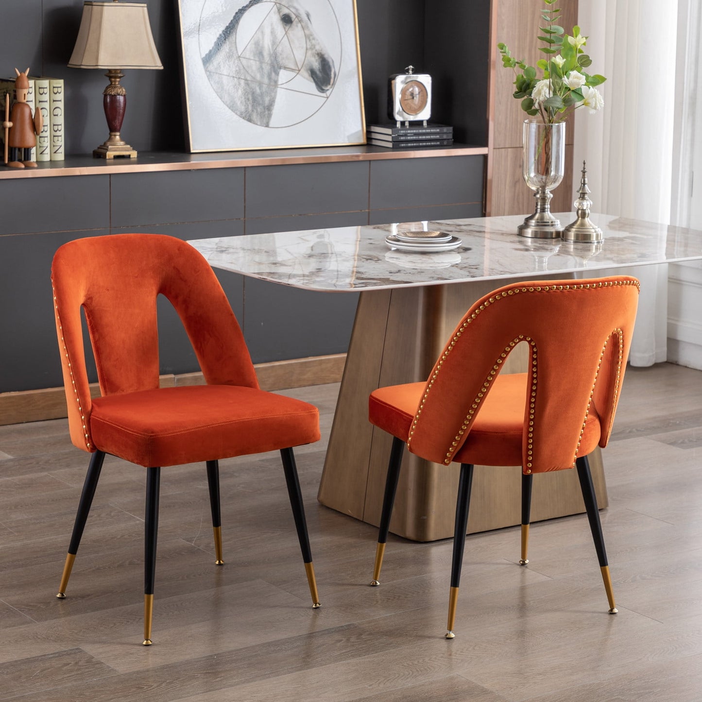 GAKMCIL Modern Velvet Upholstered Dining Chairs (Set of 2) with Nailhead Trim and Metal Legs, Weight Capacity 300lbs for Dining Room and Kitchen (Orange)