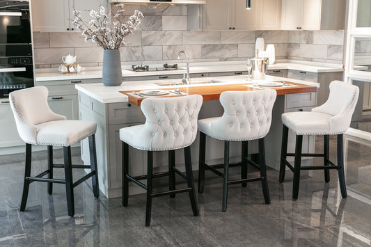 GAKMCIL Velvet Upholstered Wing-Back Barstools, Counter Height Solid Wood Bar Chairs with Button Tufted, Chrome Nailhead Trim, Wooden Legs, 300lb Load for Kitchen, Dining Room, Pub (Set of 4, Beige)
