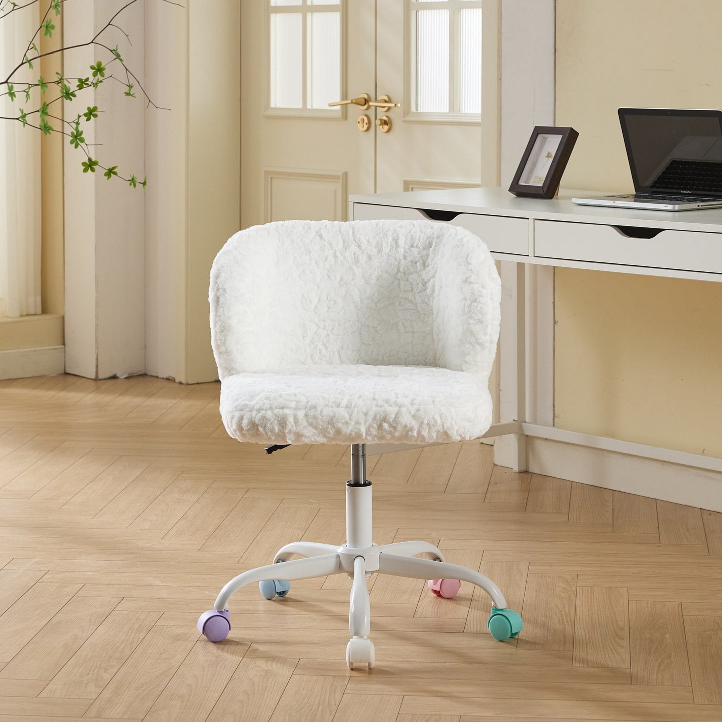 GAKMCIL Artificial Alpaca Wool Home Office Chair, Ergonomic Desk Chair, Vanity Chair with 360 ° Swivel, Arm, White Metal, Chassis can be Tilted 40°, 300lb Load for Study, Office, Bedroom (Ivory)
