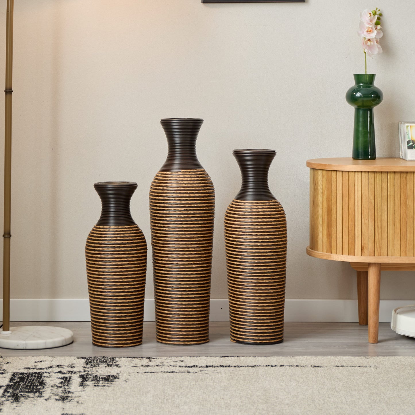 GAKMCIL Floor PVC Decorated Vases (Set of 3) Gorgeous Home Decoration Large Classic Neat PVC Vases Home Decor for Home Living Room (19.69/23.62/27.56in Height) (Beige&Black)