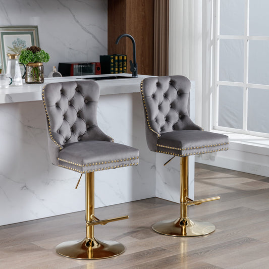 GAKMCIL Thick Golden Swivel Velvet Barstools, Modern Upholstered Bar Stools with Adjustable Seat Height from 27-35in, Backs Tufted, 270lb Load for Home Pub, Kitchen Island (Set of 2, Gray)