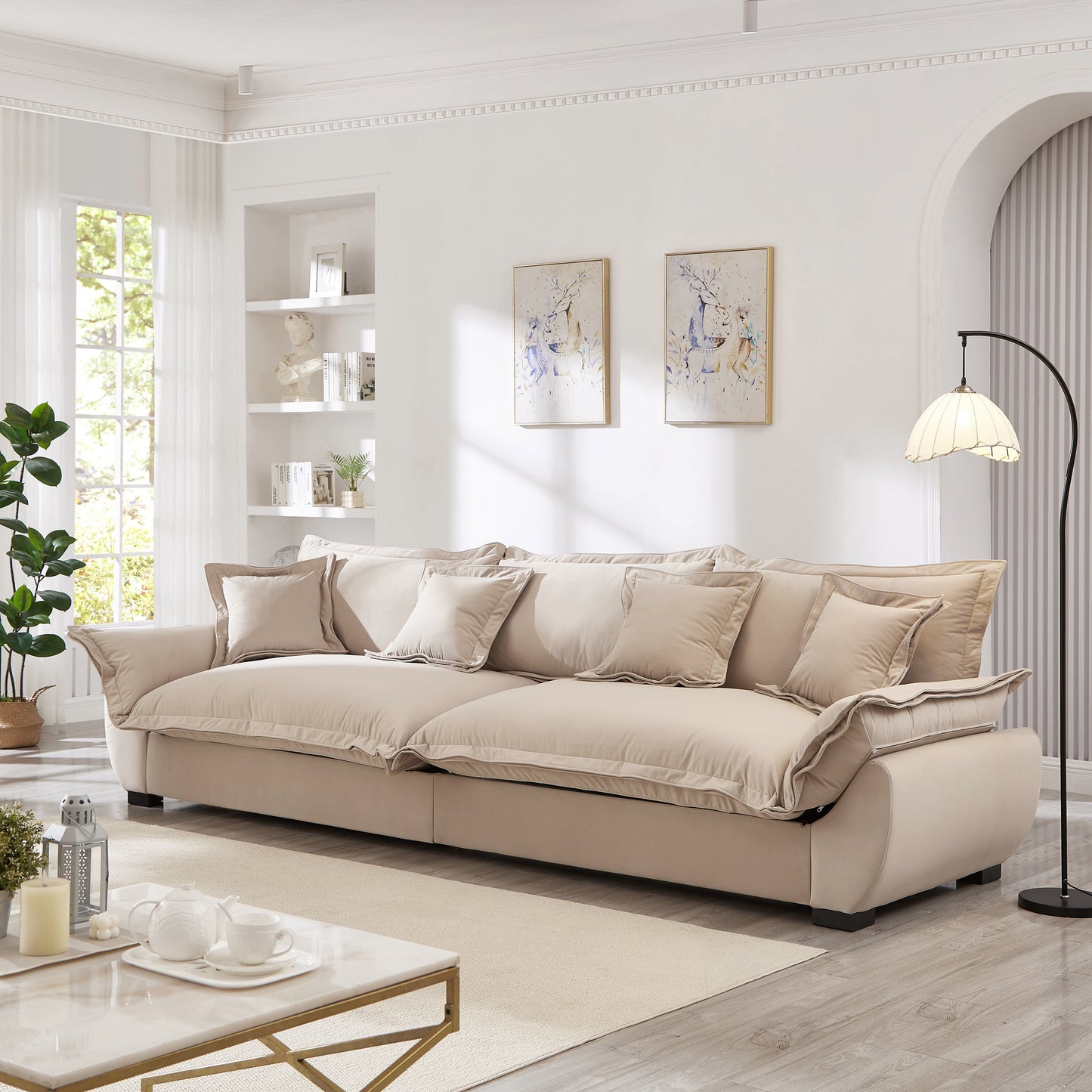 GAKMCIL 126" Velvet Modular Sectional Sofa, 3 Seater Sailing Design Upholstered Sofa, Deep Seat Cloud Sofa with Storage, Removable Backrest, Throw Pillows for Living Room, Apartment (Light Khaki)