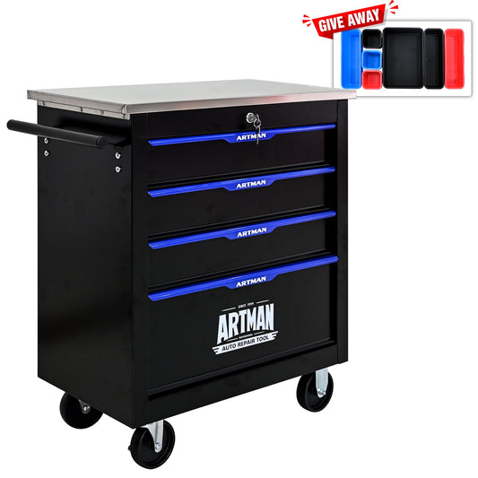 POVANLI 4 Drawers Multifunctional Tool Cart with wheels, with Key Locking and 4 Toolbox On Wheels, Metal, Suitable for Garages, Warehouses, Workshops, Repair Shops(Black+Blue)
