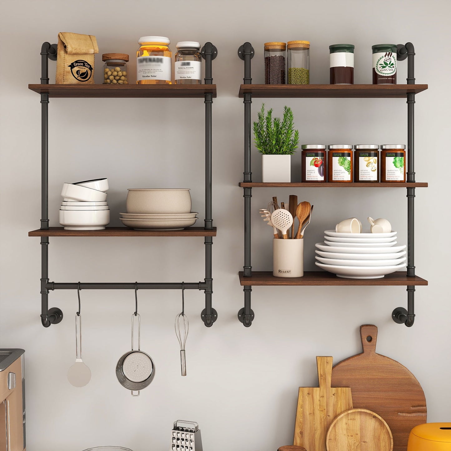 GAKMCIL Industrial Pipe Shelf(Set of 2), 3 Tier and 2 Tier Wall Mounted Shelves 36" Wood Display Shelves and 3 additional hooks, DIY Wall Decor Unit Hanging Wall Shelves for Kitchen Bedroom Bathroom